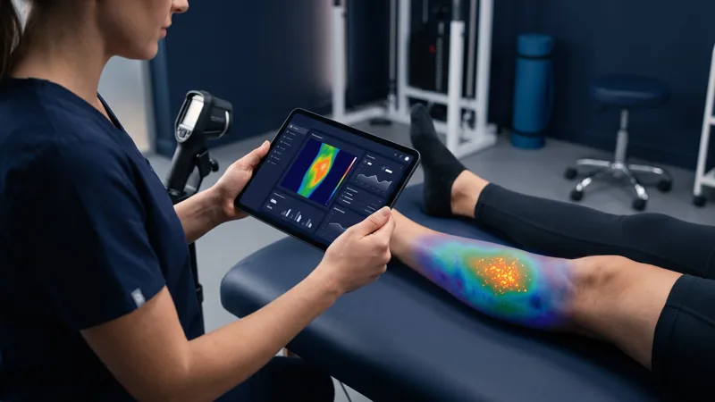 Fisioterapeuta analisando exame térmico no tablet Kelvin Klinic